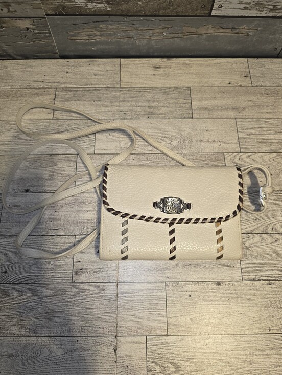 Brighton Handbags - Brighton Cream Leather Crossbody with Braided Trim and Silver Accent